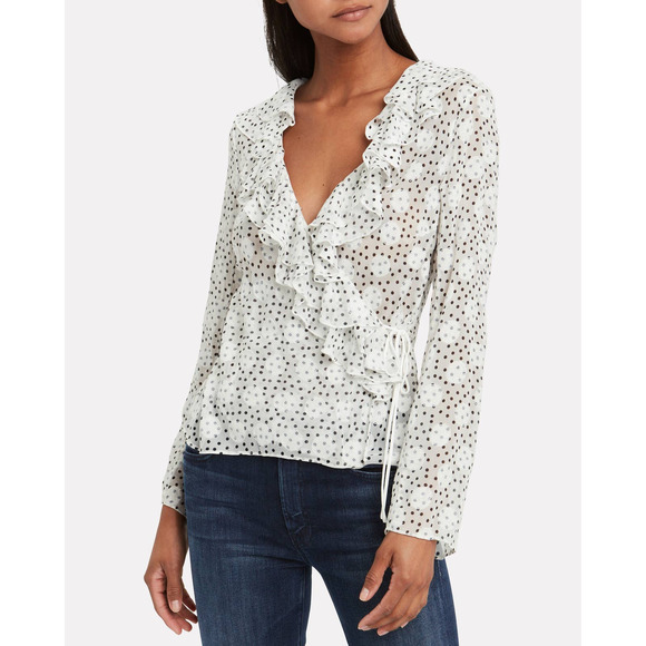 SALONI Iman Silk Wrap Blouse White Black Polka Dot Ruffles Sheer Contemporary - Picture 2 of 16